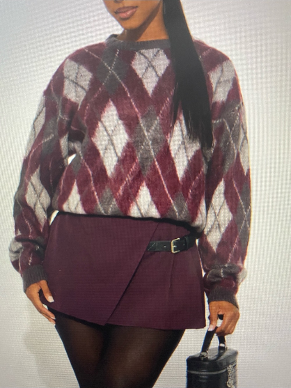 Fashion Nova Burgundy, Gray & White Argyle Crewneck Sweater